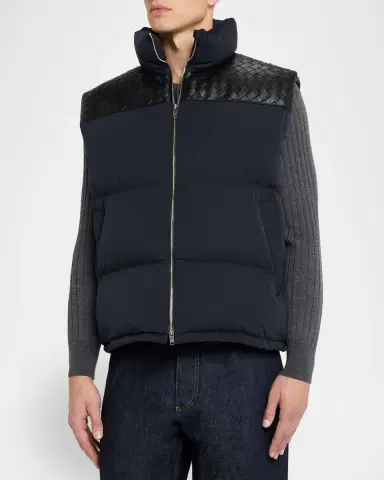 Bottega Veneta Men's Tech Puffer Vest with Intrecciato Leather Detail | Thumbnail 3 Bottega Veneta Men's Tech Puffer Vest with Intrecciato Leather Detail | Thumbnail 3
