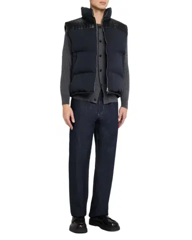 Bottega Veneta Men's Tech Puffer Vest with Intrecciato Leather Detail | Thumbnail 1 Bottega Veneta Men's Tech Puffer Vest with Intrecciato Leather Detail | Thumbnail 1