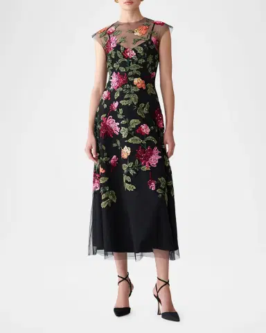 Carolina Herrera Floral-Embroidered Tulle Midi Dress | Thumbnail 2 Carolina Herrera Floral-Embroidered Tulle Midi Dress | Thumbnail 2