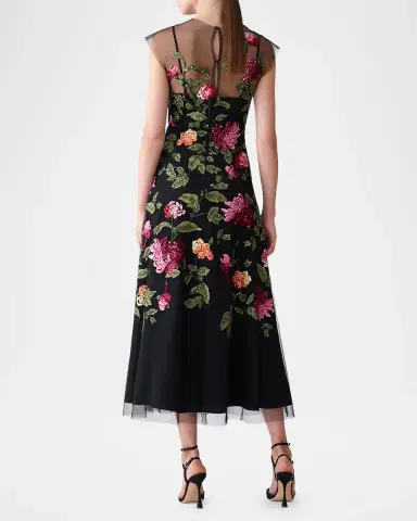 Carolina Herrera Floral-Embroidered Tulle Midi Dress | Thumbnail 3 Carolina Herrera Floral-Embroidered Tulle Midi Dress | Thumbnail 3