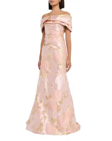 Pamella Roland Metallic Floral Jacquard Off-The-Shoulder Gown | Thumbnail 1 Pamella Roland Metallic Floral Jacquard Off-The-Shoulder Gown | Thumbnail 1