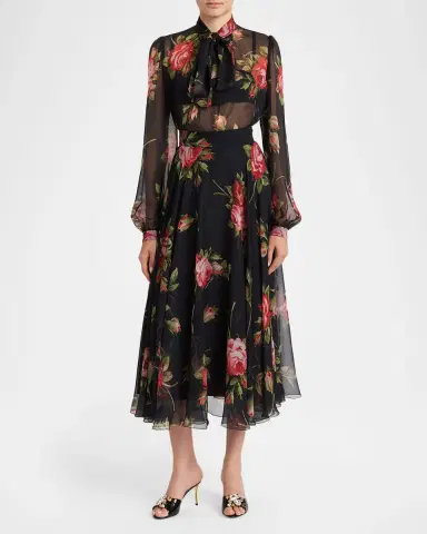 Dolce & Gabbana Rose Bouquet-Print Silk Chiffon Neck-Tie Blouse | Thumbnail 2 Dolce & Gabbana Rose Bouquet-Print Silk Chiffon Neck-Tie Blouse | Thumbnail 2