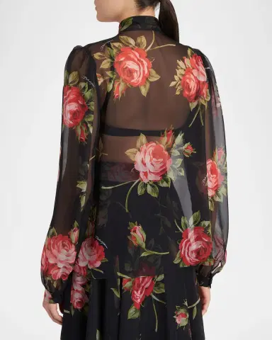 Dolce & Gabbana Rose Bouquet-Print Silk Chiffon Neck-Tie Blouse | Thumbnail 3 Dolce & Gabbana Rose Bouquet-Print Silk Chiffon Neck-Tie Blouse | Thumbnail 3