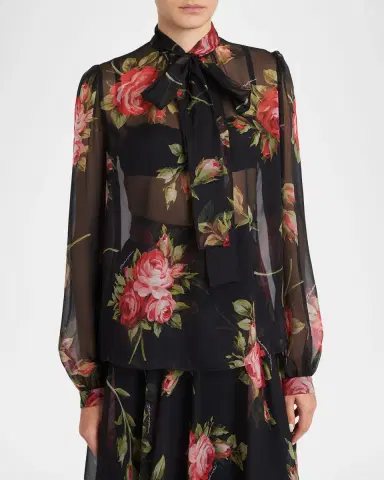 Dolce & Gabbana Rose Bouquet-Print Silk Chiffon Neck-Tie Blouse | Thumbnail 4 Dolce & Gabbana Rose Bouquet-Print Silk Chiffon Neck-Tie Blouse | Thumbnail 4