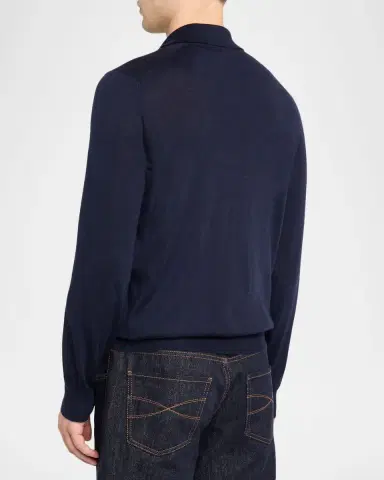 Brunello Cucinelli Men's Fine Gauge Wool-Cashmere Polo Shirt | Thumbnail 2 Brunello Cucinelli Men's Fine Gauge Wool-Cashmere Polo Shirt | Thumbnail 2
