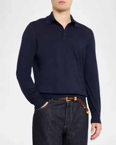 Brunello Cucinelli Men's Fine Gauge Wool-Cashmere Polo Shirt | Thumbnail 3 Brunello Cucinelli Men's Fine Gauge Wool-Cashmere Polo Shirt | Thumbnail 3