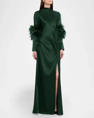 Lapointe Feather-Trim Long-Sleeve Satin Maxi Dress | Thumbnail 3 Lapointe Feather-Trim Long-Sleeve Satin Maxi Dress | Thumbnail 3