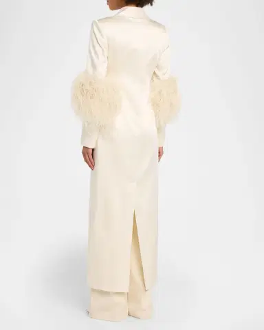 Lapointe Feather-Trim Satin Double Breasted Long Coat | Thumbnail 2 Lapointe Feather-Trim Satin Double Breasted Long Coat | Thumbnail 2