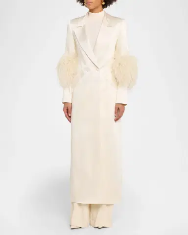 Lapointe Feather-Trim Satin Double Breasted Long Coat | Thumbnail 3 Lapointe Feather-Trim Satin Double Breasted Long Coat | Thumbnail 3