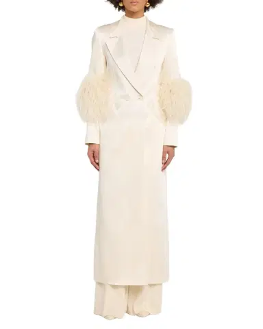 Lapointe Feather-Trim Satin Double Breasted Long Coat | Thumbnail 1 Lapointe Feather-Trim Satin Double Breasted Long Coat | Thumbnail 1