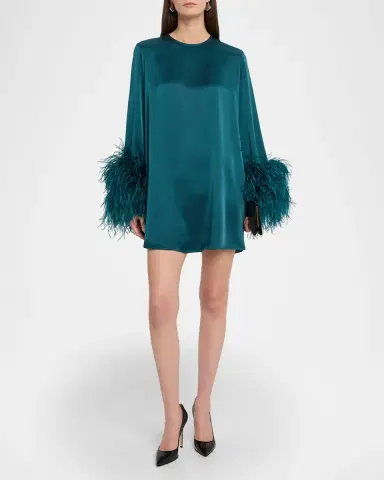 LAPOINTE Satin Feather-Cuff Shift Dress | Thumbnail 2 LAPOINTE Satin Feather-Cuff Shift Dress | Thumbnail 2