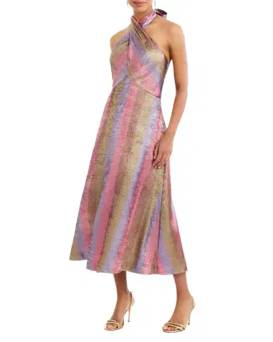 Mestiza New York Copacabana Metallic Striped Halter Midi Dress | Thumbnail 1 Mestiza New York Copacabana Metallic Striped Halter Midi Dress | Thumbnail 1