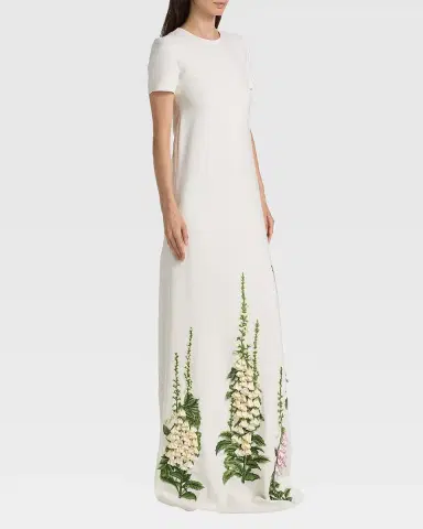 Oscar de la Renta Cap-Sleeve Foxglove Embroidered Maxi Caftan Dress | Thumbnail 6 Oscar de la Renta Cap-Sleeve Foxglove Embroidered Maxi Caftan Dress | Thumbnail 6