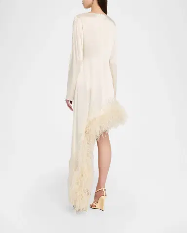 LAPOINTE Feather-Trim Asymmetric Long-Sleeve Satin Dress | Thumbnail 2 LAPOINTE Feather-Trim Asymmetric Long-Sleeve Satin Dress | Thumbnail 2