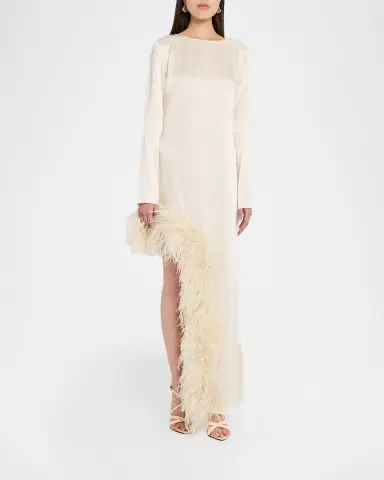 LAPOINTE Feather-Trim Asymmetric Long-Sleeve Satin Dress | Thumbnail 3 LAPOINTE Feather-Trim Asymmetric Long-Sleeve Satin Dress | Thumbnail 3