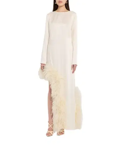 LAPOINTE Feather-Trim Asymmetric Long-Sleeve Satin Dress | Thumbnail 1 LAPOINTE Feather-Trim Asymmetric Long-Sleeve Satin Dress | Thumbnail 1