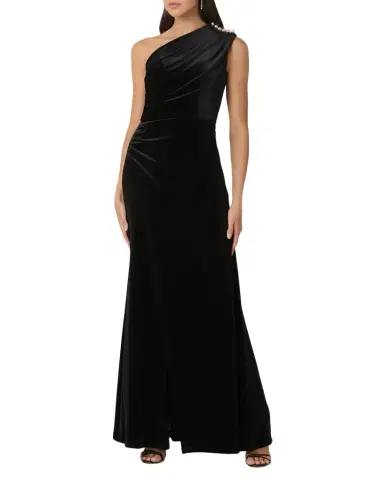 Shoshanna Ola Pleated One-Shoulder Stretch Velvet Gown | Thumbnail 1 Shoshanna Ola Pleated One-Shoulder Stretch Velvet Gown | Thumbnail 1