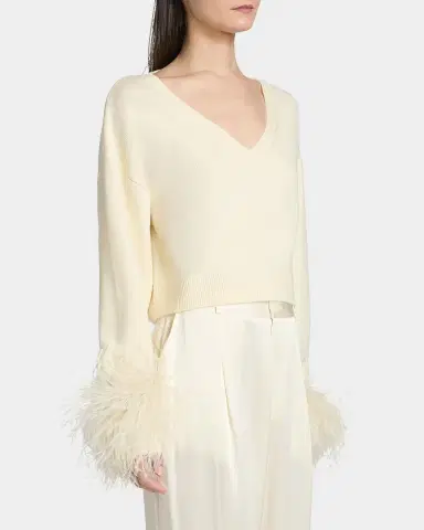 Lapointe Merino Wool V-Neck Crop Sweater With Feather Cuffs | Thumbnail 6 Lapointe Merino Wool V-Neck Crop Sweater With Feather Cuffs | Thumbnail 6