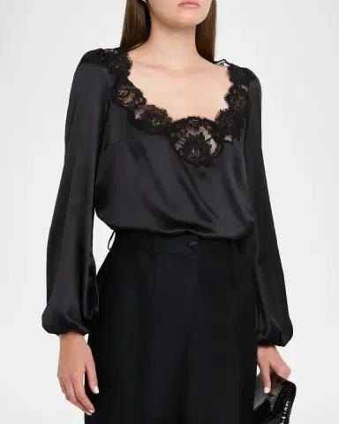 Dolce & Gabbana Lace-Trim Balloon-Sleeve Silk Blouse | Thumbnail 4 Dolce & Gabbana Lace-Trim Balloon-Sleeve Silk Blouse | Thumbnail 4