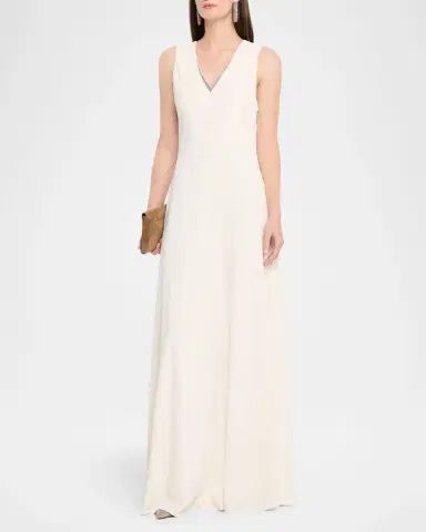 Brunello Cucinelli Monili V-Neck Sleeveless Crepe Cady Maxi Dress | Thumbnail 4 Brunello Cucinelli Monili V-Neck Sleeveless Crepe Cady Maxi Dress | Thumbnail 4