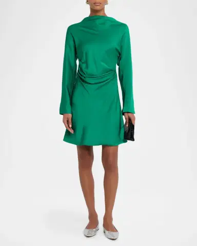 SIMKHAI Harpor Long-Sleeve Draped Satin Mini Dress | Thumbnail 2 SIMKHAI Harpor Long-Sleeve Draped Satin Mini Dress | Thumbnail 2