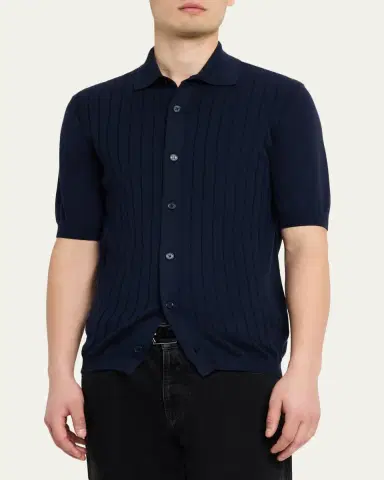 Brunello Cucinelli Men's Cotton Rib Short-Sleeve Shirt | Thumbnail 4 Brunello Cucinelli Men's Cotton Rib Short-Sleeve Shirt | Thumbnail 4