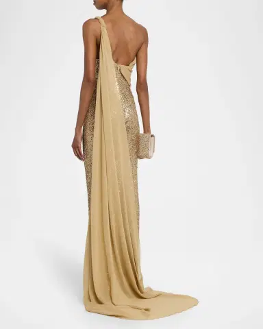 Pamella Roland Draped Chiffon One-Shoulder Sequined Gown | Thumbnail 2 Pamella Roland Draped Chiffon One-Shoulder Sequined Gown | Thumbnail 2