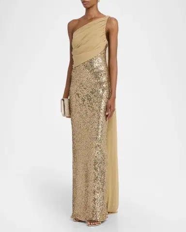 Pamella Roland Draped Chiffon One-Shoulder Sequined Gown | Thumbnail 3 Pamella Roland Draped Chiffon One-Shoulder Sequined Gown | Thumbnail 3