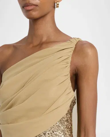 Pamella Roland Draped Chiffon One-Shoulder Sequined Gown | Thumbnail 4 Pamella Roland Draped Chiffon One-Shoulder Sequined Gown | Thumbnail 4