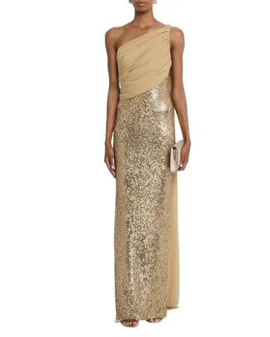 Pamella Roland Draped Chiffon One-Shoulder Sequined Gown | Thumbnail 1 Pamella Roland Draped Chiffon One-Shoulder Sequined Gown | Thumbnail 1
