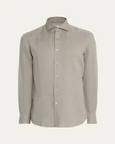 Brunello Cucinelli Men's Linen and Cotton Band Collar Button-Down Shirt | Thumbnail 14 Brunello Cucinelli Men's Linen and Cotton Band Collar Button-Down Shirt | Thumbnail 14