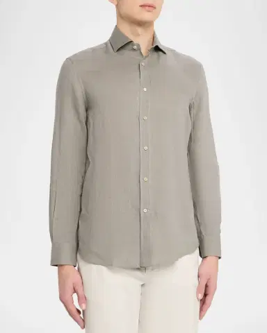Brunello Cucinelli Men's Linen and Cotton Band Collar Button-Down Shirt | Thumbnail 21 Brunello Cucinelli Men's Linen and Cotton Band Collar Button-Down Shirt | Thumbnail 21