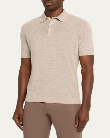 Brunello Cucinelli Men's Linen and Cotton Heathered Polo Shirt | Thumbnail 4 Brunello Cucinelli Men's Linen and Cotton Heathered Polo Shirt | Thumbnail 4