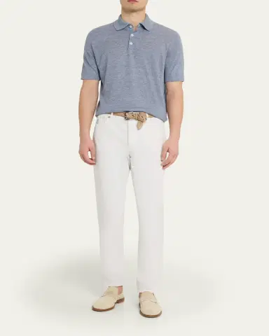 Brunello Cucinelli Men's Linen and Cotton Heathered Polo Shirt | Thumbnail 6 Brunello Cucinelli Men's Linen and Cotton Heathered Polo Shirt | Thumbnail 6