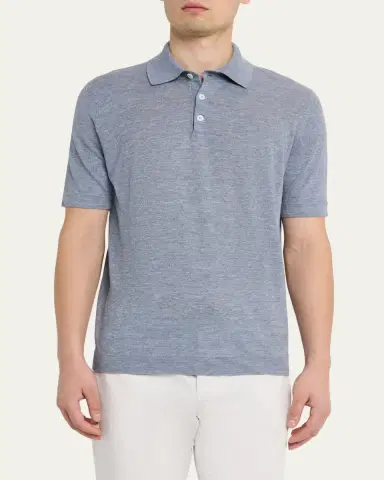 Brunello Cucinelli Men's Linen and Cotton Heathered Polo Shirt | Thumbnail 8 Brunello Cucinelli Men's Linen and Cotton Heathered Polo Shirt | Thumbnail 8