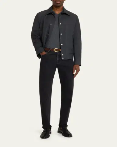 Brunello Cucinelli Men's Cotton Rib Johnny Collar Polo Sweater | Thumbnail 2 Brunello Cucinelli Men's Cotton Rib Johnny Collar Polo Sweater | Thumbnail 2