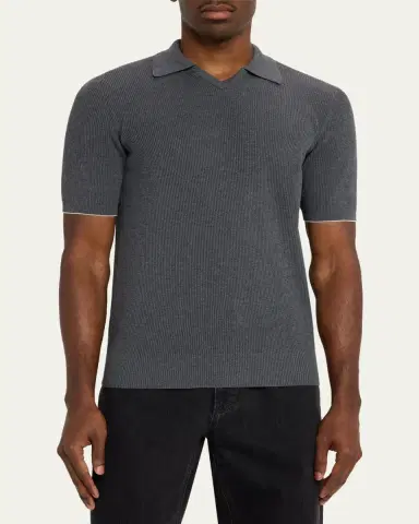 Brunello Cucinelli Men's Cotton Rib Johnny Collar Polo Sweater | Thumbnail 4 Brunello Cucinelli Men's Cotton Rib Johnny Collar Polo Sweater | Thumbnail 4