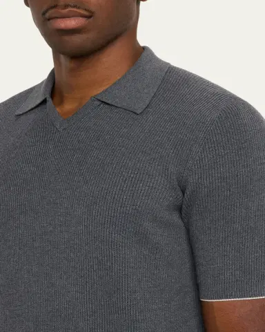 Brunello Cucinelli Men's Cotton Rib Johnny Collar Polo Sweater | Thumbnail 5 Brunello Cucinelli Men's Cotton Rib Johnny Collar Polo Sweater | Thumbnail 5