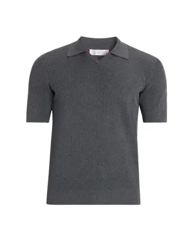 Brunello Cucinelli Men's Cotton Rib Johnny Collar Polo Sweater | Thumbnail 1 Brunello Cucinelli Men's Cotton Rib Johnny Collar Polo Sweater | Thumbnail 1