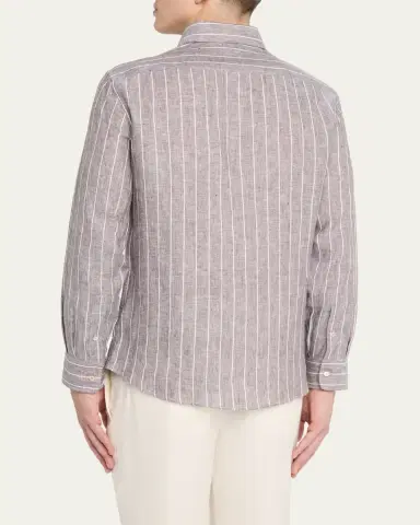 Brunello Cucinelli Men's Pinstripe Linen Button-Down Shirt | Thumbnail 3 Brunello Cucinelli Men's Pinstripe Linen Button-Down Shirt | Thumbnail 3