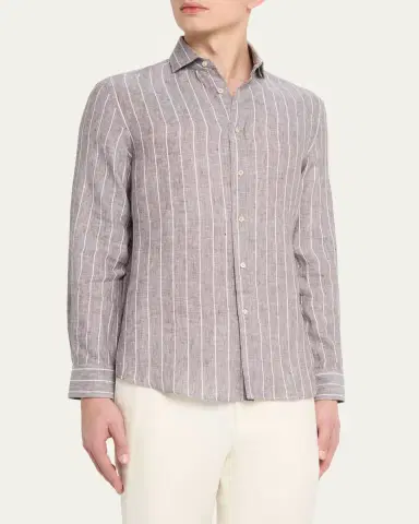 Brunello Cucinelli Men's Pinstripe Linen Button-Down Shirt | Thumbnail 4 Brunello Cucinelli Men's Pinstripe Linen Button-Down Shirt | Thumbnail 4