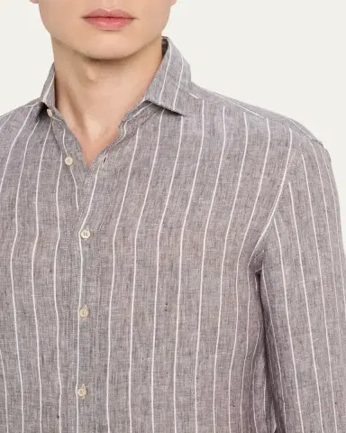 Brunello Cucinelli Men's Pinstripe Linen Button-Down Shirt | Thumbnail 5 Brunello Cucinelli Men's Pinstripe Linen Button-Down Shirt | Thumbnail 5