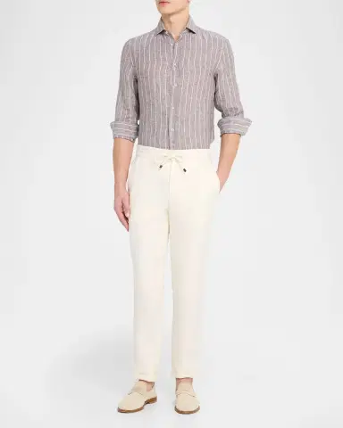 Brunello Cucinelli Men's Pinstripe Linen Button-Down Shirt | Thumbnail 6 Brunello Cucinelli Men's Pinstripe Linen Button-Down Shirt | Thumbnail 6