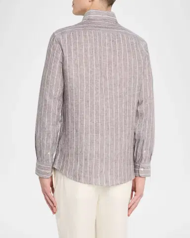 Brunello Cucinelli Men's Pinstripe Linen Button-Down Shirt | Thumbnail 7 Brunello Cucinelli Men's Pinstripe Linen Button-Down Shirt | Thumbnail 7