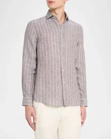 Brunello Cucinelli Men's Pinstripe Linen Button-Down Shirt | Thumbnail 8 Brunello Cucinelli Men's Pinstripe Linen Button-Down Shirt | Thumbnail 8
