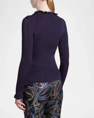 Etro Metallic Ruffle Rib-Knit V-Neck Top | Thumbnail 2 Etro Metallic Ruffle Rib-Knit V-Neck Top | Thumbnail 2