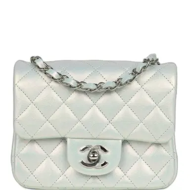 Chanel Chanel Mini Classic Square Flap Bag Blue Iridescent Calfskin Silver Hardware | Thumbnail 1 Chanel Chanel Mini Classic Square Flap Bag Blue Iridescent Calfskin Silver Hardware | Thumbnail 1