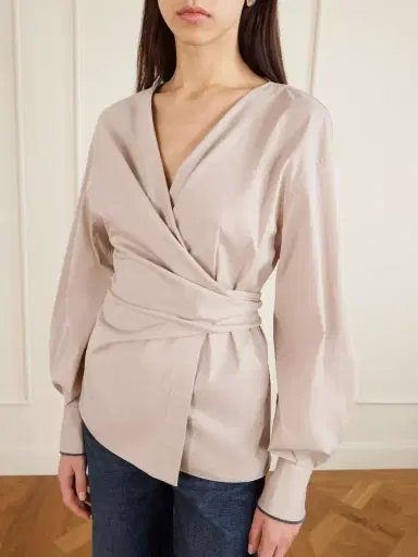 Brunello Cucinelli Embellished Cotton-blend Poplin Wrap Blouse | Thumbnail 4 Brunello Cucinelli Embellished Cotton-blend Poplin Wrap Blouse | Thumbnail 4