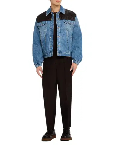 Bottega Veneta Men's Vintage Denim Jacket w/Intrecciato Yoke | Thumbnail 1 Bottega Veneta Men's Vintage Denim Jacket w/Intrecciato Yoke | Thumbnail 1
