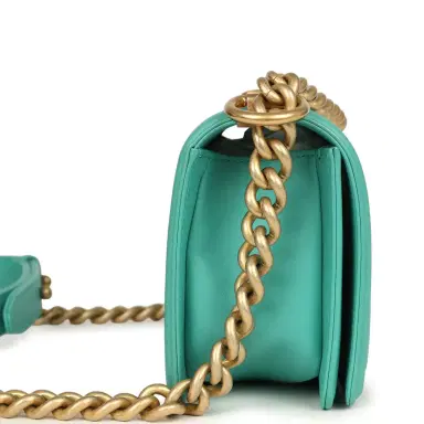 Chanel Pre-owned Chanel Small Boy Bag Turquoise Lambskin Antique Gold Hardware | Thumbnail 3 Chanel Pre-owned Chanel Small Boy Bag Turquoise Lambskin Antique Gold Hardware | Thumbnail 3
